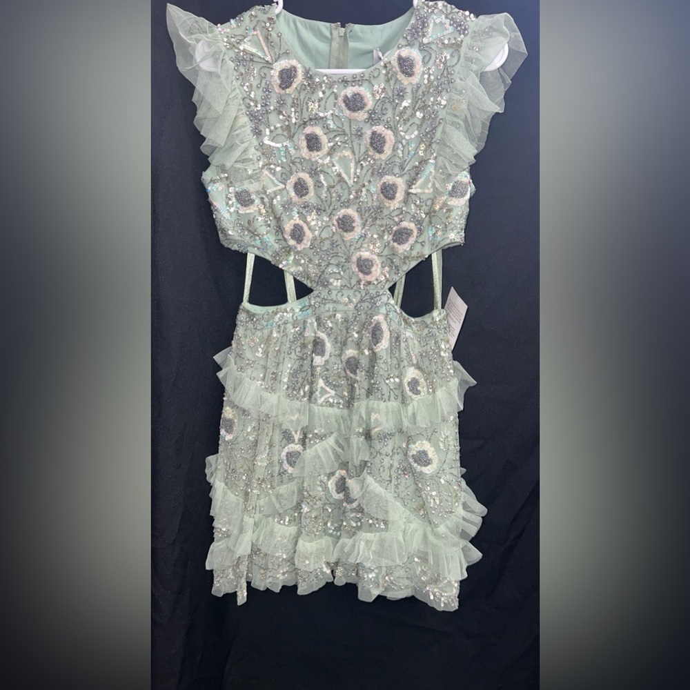 Mac Duggal 35101 NWT Embellished Jewel Neck Tulle Ruffle Mini Dress in Sage - Picture 6 of 9